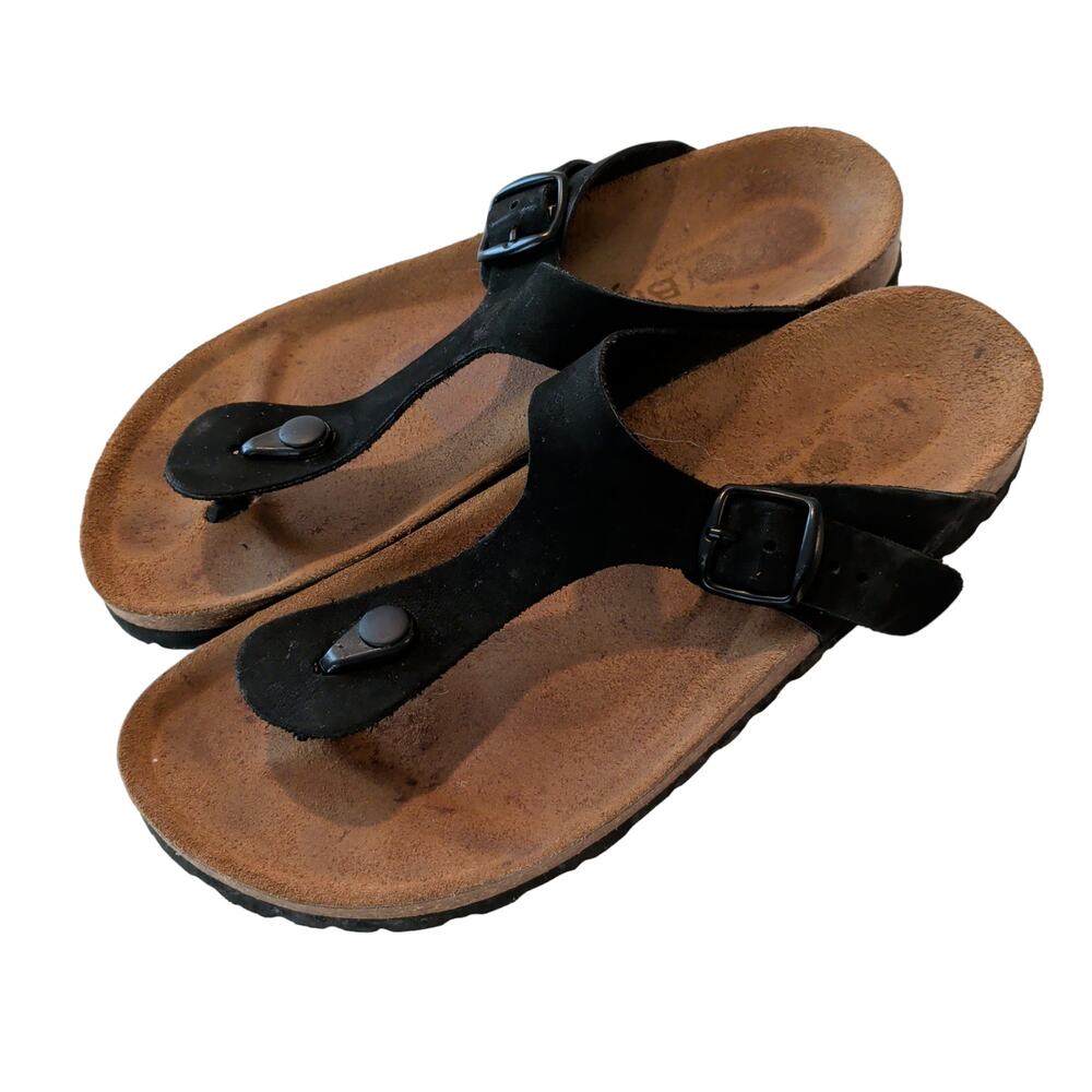 Bio Bio Women's Sz 39 (8.5) Black Leather Cork Sole Thong Sandals Comfort - Picture 2 of 8